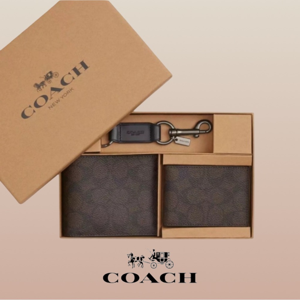 Coach Signature 3-in-1 Wallet Gift Set | Bifold, ID, Keychain key fob NWT Brown - Picture 2 of 8
